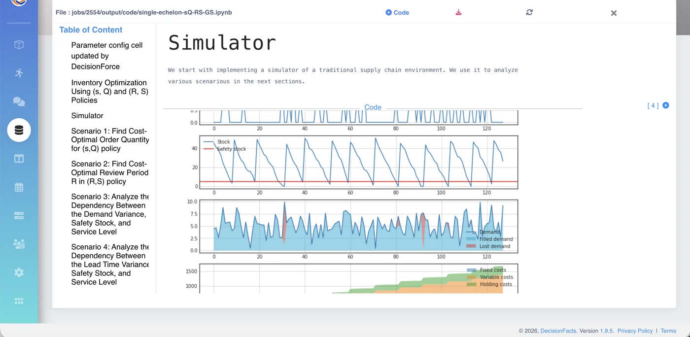 Supply chain simulator output showing stock levels against safety stock, demand versus filled and lost demand, and cost breakdowns across simulated scenarios