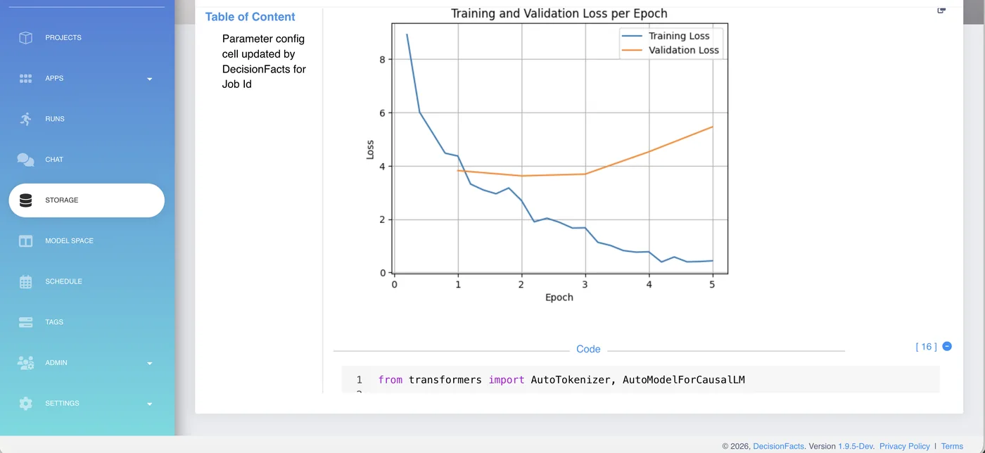 Training and validation loss chart per epoch for a model run, with the underlying code visible below